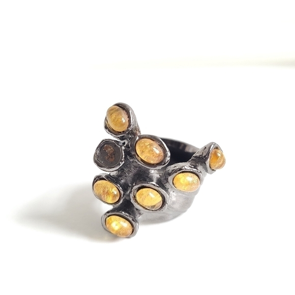 Yves Saint Laurent Gunmetal Arty Yellow Stone Dots Ring Rare & Authentic Size 7 - Picture 1 of 11